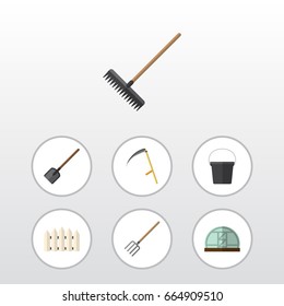 Flat Icon Farm Set Of Cutter, Hothouse, Harrow And Other Vector Objects. Also Includes Barrier, Spade, Rake Elements.