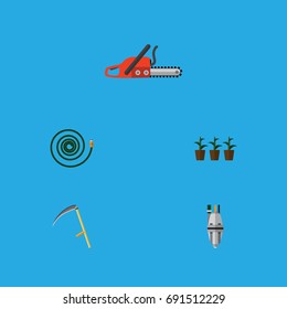Flat Icon Farm Set Of Cutter, Pump, Hacksaw And Other Vector Objects. Also Includes Flowerpot, Tool, Scythe Elements.
