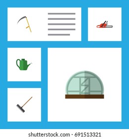 Flat Icon Farm Set Of Cutter, Hacksaw, Harrow And Other Vector Objects. Also Includes Can Bailer, Farm, Scythe Elements.