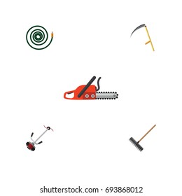 Flat Icon Farm Set Of Cutter, Hosepipe, Harrow And Other Vector Objects. Also Includes Mower, Harrow, Garden Elements.