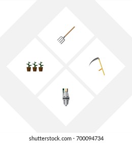 Flat Icon Farm Set Of Cutter, Pump, Hay Fork And Other Vector Objects. Also Includes Botany, Flowerpot, Tool Elements.