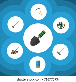 Flat Icon Farm Set Of Cutter, Trowel, Lawn Mower And Other Vector Objects. Also Includes Container, Water, Hose Elements.
