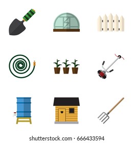 Flat Icon Farm Set Of Flowerpot, Hay Fork, Stabling And Other Vector Objects. Also Includes Trowel, Farmhouse, Fork Elements.