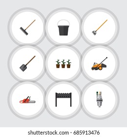 Flat Icon Farm Set Of Flowerpot, Barbecue, Tool And Other Vector Objects. Also Includes Flowerpot, Hacksaw, Mower Elements.