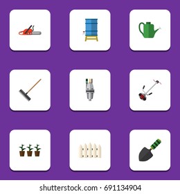 Flat Icon Farm Set Of Flowerpot, Grass-Cutter, Pump And Other Vector Objects. Also Includes Water, Barrier, Hacksaw Elements.