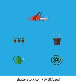 Flat Icon Farm Set Of Flowerpot, Hosepipe, Hacksaw And Other Vector Objects. Also Includes Saw, Hose, Garden Elements.