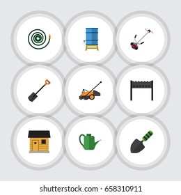 Flat Icon Farm Set Of Grass-Cutter, Lawn Mower, Trowel And Other Vector Objects. Also Includes Tank, Water, Shovel Elements.