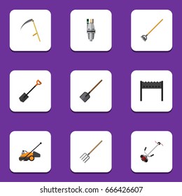 Flat Icon Farm Set Of Grass-Cutter, Lawn Mower, Hay Fork And Other Vector Objects. Also Includes Pump, Hoe, Pitchfork Elements.