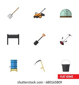 Flat Icon Farm Set Of Grass-Cutter, Hothouse, Lawn Mower And Other Vector Objects. Also Includes Bbq, Spade, Hothouse Elements.
