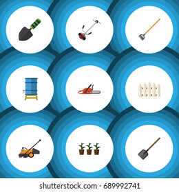 Flat Icon Farm Set Of Grass-Cutter, Hacksaw, Trowel And Other Vector Objects. Also Includes Hoe, Plant, Trowel Elements.