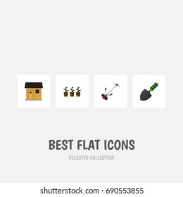 Flat Icon Farm Set Of Grass-Cutter, Flowerpot, Stabling And Other Vector Objects. Also Includes Lawn, Shovel, Botany Elements.