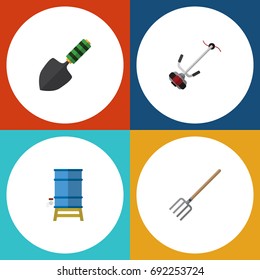 Flat Icon Farm Set Of Grass-Cutter, Container, Trowel And Other Vector Objects. Also Includes Water, Container, Cutter Elements.