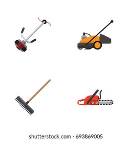 Flat Icon Farm Set Of Grass-Cutter, Lawn Mower, Harrow And Other Vector Objects. Also Includes Blade, Hacksaw, Rake Elements.