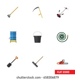 Flat Icon Farm Set Of Hacksaw, Grass-Cutter, Container And Other Vector Objects. Also Includes Gardening, Bucket, Lawn Elements.