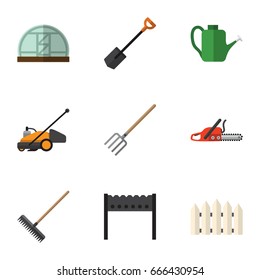Flat Icon Farm Set Of Hacksaw, Spade, Bailer And Other Vector Objects. Also Includes Barbecue, Hothouse, Wooden Elements.
