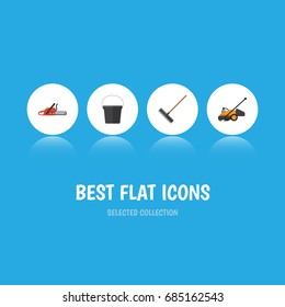 Flat Icon Farm Set Of Hacksaw, Harrow, Lawn Mower And Other Vector Objects. Also Includes Bucket, Rake, Blade Elements.