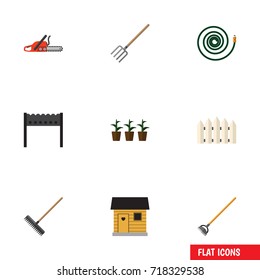 Flat Icon Farm Set Of Hacksaw, Hosepipe, Barbecue And Other Vector Objects. Also Includes Wooden, Garden, Hosepipe Elements.