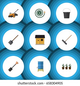 Flat Icon Farm Set Of Harrow, Hosepipe, Stabling And Other Vector Objects. Also Includes Flowerpot, Tool, Farmhouse Elements.