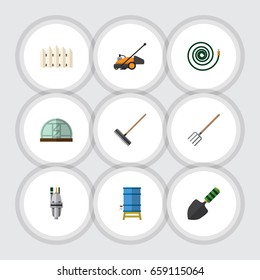 Flat Icon Farm Set Of Harrow, Pump, Container And Other Vector Objects. Also Includes Greenhouse, Tank, Harrow Elements.
