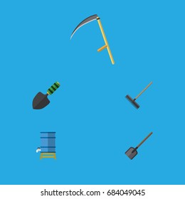 Flat Icon Farm Set Of Harrow, Shovel, Trowel And Other Vector Objects. Also Includes Cutter, Spade, Spatula Elements.