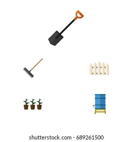 Flat Icon Farm Set Of Harrow, Container, Spade And Other Vector Objects. Also Includes Rake, Spade, Container Elements.