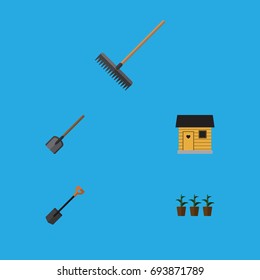 Flat Icon Farm Set Of Harrow, Shovel, Stabling And Other Vector Objects. Also Includes Spade, Tool, Stabling Elements.