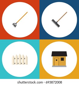 Flat Icon Farm Set Of Harrow, Tool, Wooden Barrier And Other Vector Objects. Also Includes Barrier, Harrow, Farmhouse Elements.