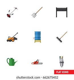 Flat Icon Farm Set Of Hay Fork, Grass-Cutter, Lawn Mower And Other Vector Objects. Also Includes Fork, Mower, Water Elements.