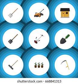 Flat Icon Farm Set Of Hay Fork, Lawn Mower, Flowerpot And Other Vector Objects. Also Includes Lawn, Rake, Scythe Elements.