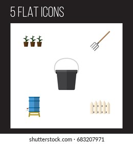 Flat Icon Farm Set Of Hay Fork, Flowerpot, Wooden Barrier And Other Vector Objects. Also Includes Container, Wooden, Fence Elements.