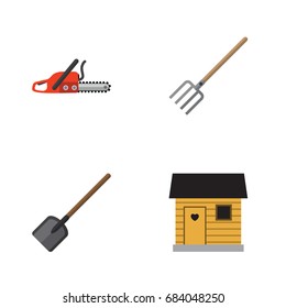 Flat Icon Farm Set Of Hay Fork, Shovel, Hacksaw And Other Vector Objects. Also Includes Pitchfork, Spade, Blade Elements.