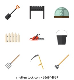 Flat Icon Farm Set Of Hay Fork, Wooden Barrier, Tool And Other Vector Objects. Also Includes Brazier, Pail, Container Elements.
