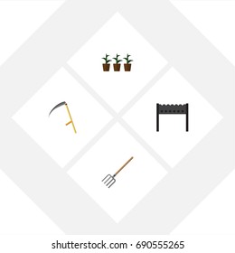 Flat Icon Farm Set Of Hay Fork, Cutter, Barbecue And Other Vector Objects. Also Includes Barbecue, Cutter, Fork Elements.