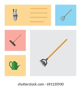 Flat Icon Farm Set Of Hay Fork, Harrow, Tool And Other Vector Objects. Also Includes Fork, Watering, Gardening Elements.
