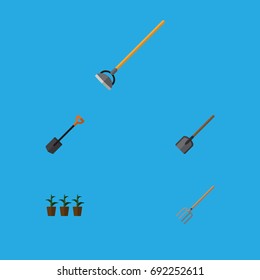 Flat Icon Farm Set Of Hay Fork, Tool, Spade And Other Vector Objects. Also Includes Flowerpot, Fork, Spade Elements.