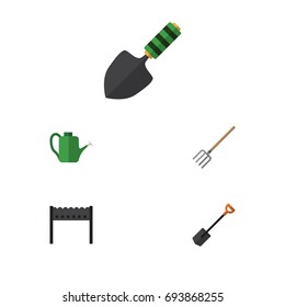 Flat Icon Farm Set Of Hay Fork, Barbecue, Bailer And Other Vector Objects. Also Includes Shovel, Spatula, Can Bailer Elements.