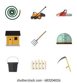 Flat Icon Farm Set of hose, mower, pitchfork, pail And Other Vector Objects. Also Includes Farmhouse.