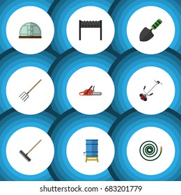 Flat Icon Farm Set Of Hosepipe, Trowel, Harrow And Other Vector Objects. Also Includes Farm, Shovel, Barbecue Elements.