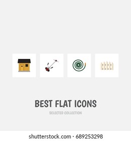 Flat Icon Farm Set Of Hosepipe, Grass-Cutter, Wooden Barrier And Other Vector Objects. Also Includes Hose, Mower, Hosepipe Elements.