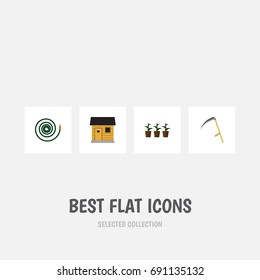 Flat Icon Farm Set Of Hosepipe, Stabling, Flowerpot And Other Vector Objects. Also Includes Flowerpot, Hose, Garden Elements.