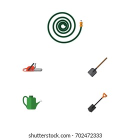 Flat Icon Farm Set Of Hosepipe, Spade, Hacksaw And Other Vector Objects. Also Includes Hose, Watering, Blade Elements.