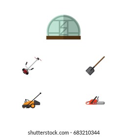 Flat Icon Farm Set Of Hothouse, Shovel, Grass-Cutter And Other Vector Objects. Also Includes Greenhouse, Hothouse, Cutter Elements.