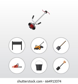 Flat Icon Farm Set Of Lawn Mower, Spade, Hacksaw And Other Vector Objects. Also Includes Lawn, Bbq, Barbecue Elements.