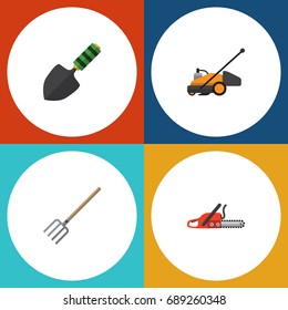 Flat Icon Farm Set Of Lawn Mower, Hay Fork, Trowel And Other Vector Objects. Also Includes Fork, Pitchfork, Shovel Elements.