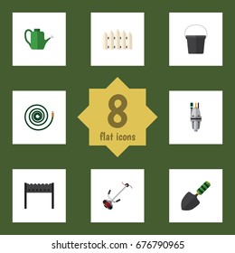 Flat Icon Farm Set Of Pail, Barbecue, Bailer And Other Vector Objects. Also Includes Equipment, Garden, Hose Elements.