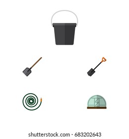 Flat Icon Farm Set Of Pail, Hosepipe, Spade And Other Vector Objects. Also Includes Tool, Greenhouse, Hose Elements.
