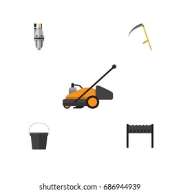 Flat Icon Farm Set Of Pail, Pump, Lawn Mower And Other Vector Objects. Also Includes Tool, Bucket, Mower Elements.
