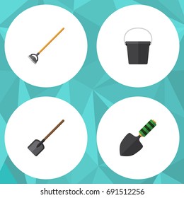 Flat Icon Farm Set Of Pail, Trowel, Shovel And Other Vector Objects. Also Includes Hoe, Spatula, Shovel Elements.