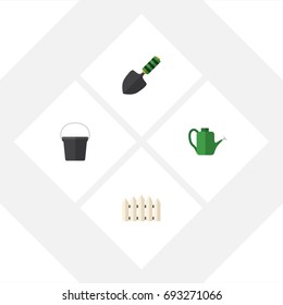 Flat Icon Farm Set Of Pail, Trowel, Wooden Barrier And Other Vector Objects. Also Includes Pail, Container, Fence Elements.