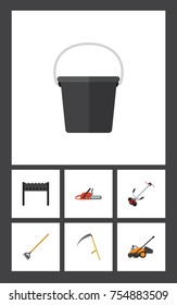 Flat Icon Farm Set Of Pail, Grass-Cutter, Cutter And Other Vector Objects. Also Includes Container, Brazier, Mower Elements.
